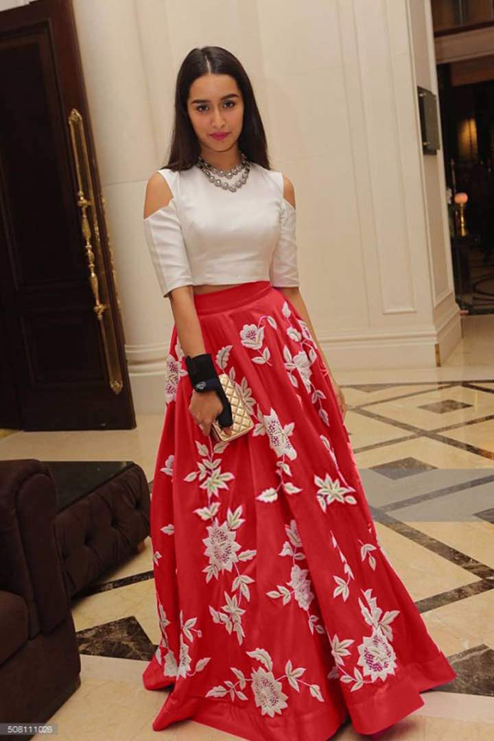 White Aarohi Stitched crop top with Red Long skirts