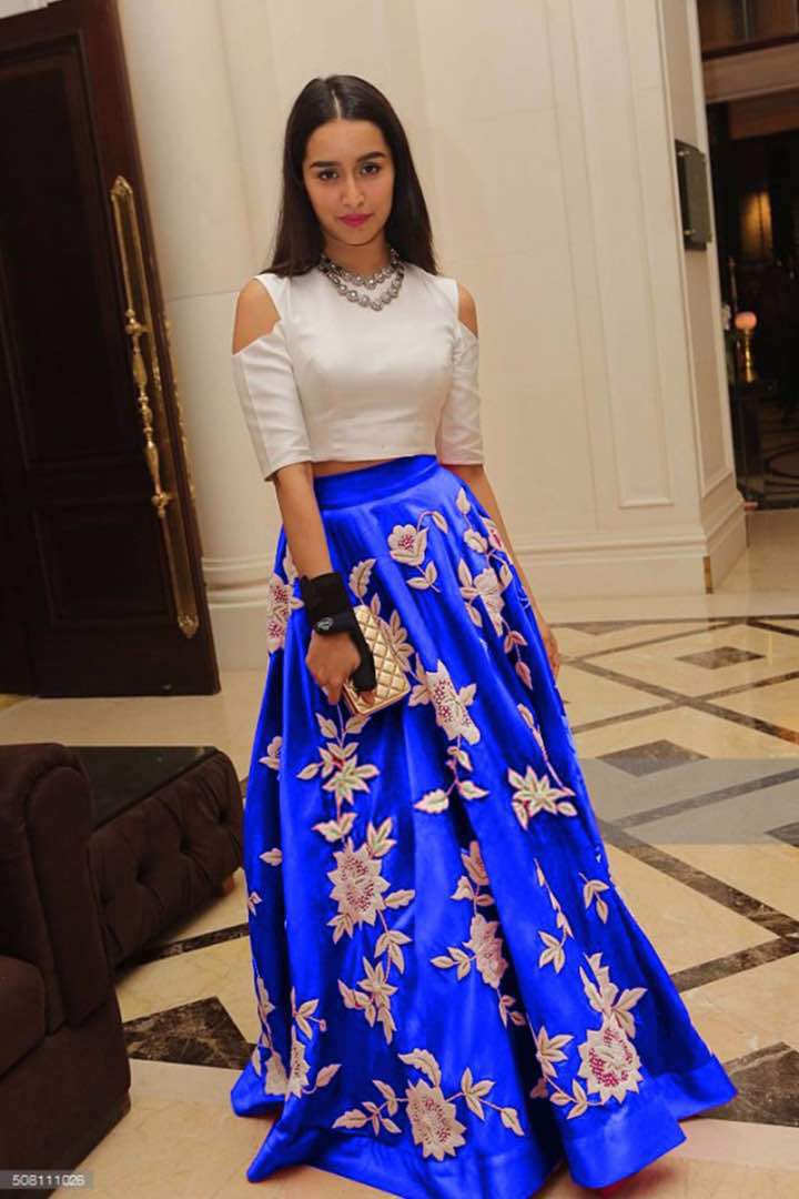 White Aarohi Stitched crop top with Blue Long skirts