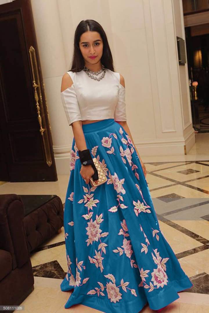 White Aarohi Stitched crop top with Turquoise Blue Long skirts