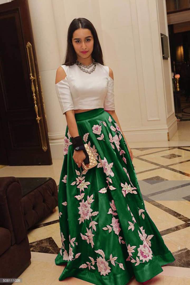 White Aarohi Stitched crop top with Green Long skirts