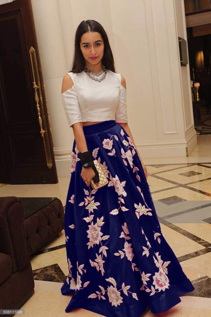 White Aarohi Stitched crop top with Royal Blue Long skirts