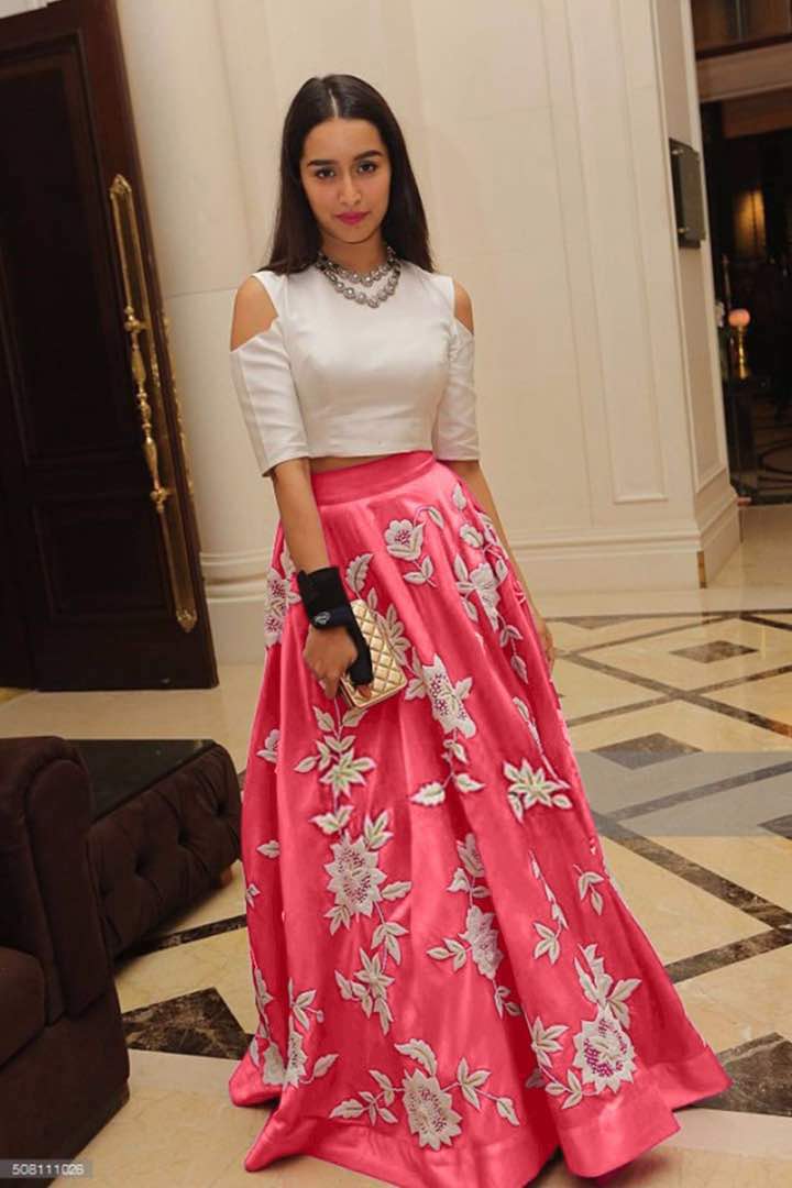 White Aarohi Stitched crop top with Baby Pink Long skirts
