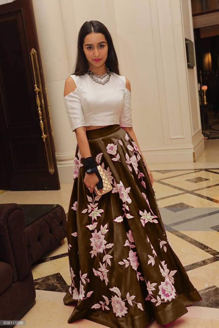 White Aarohi Stitched crop top with Coffe Long skirts