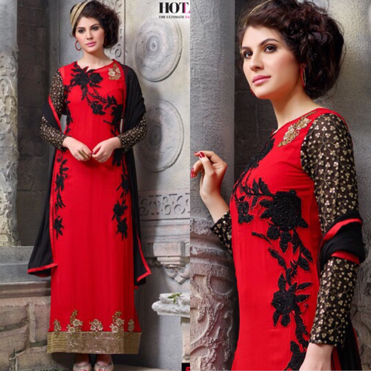 Red&Black Hotlady Straight Fit Floor Length Suit A
